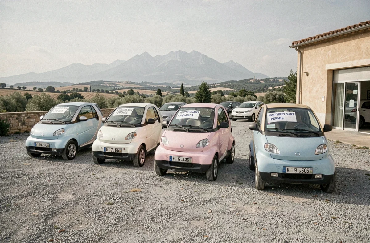 Concession de voitures sans permis d'occasion avec le Mont Ventoux en arrière-plan en Vaucluse
