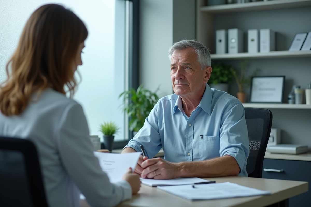 Homme de 61 ans attentif lors d'un rendez-vous médical