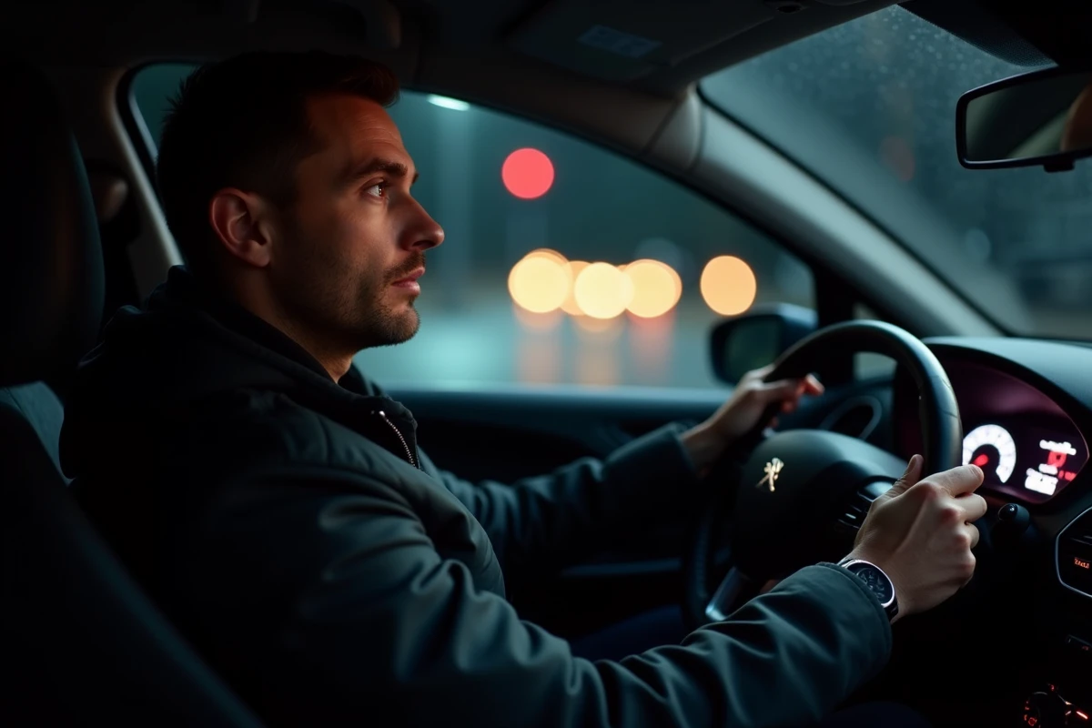 Conducteur masculin au volant d'une Peugeot 208 de nuit consultant le tableau de bord numérique avec concentration
