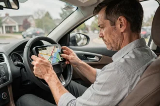 Conducteur réglant un GPS monté sur tableau de bord avec conversion miles en km/h dans une voiture moderne