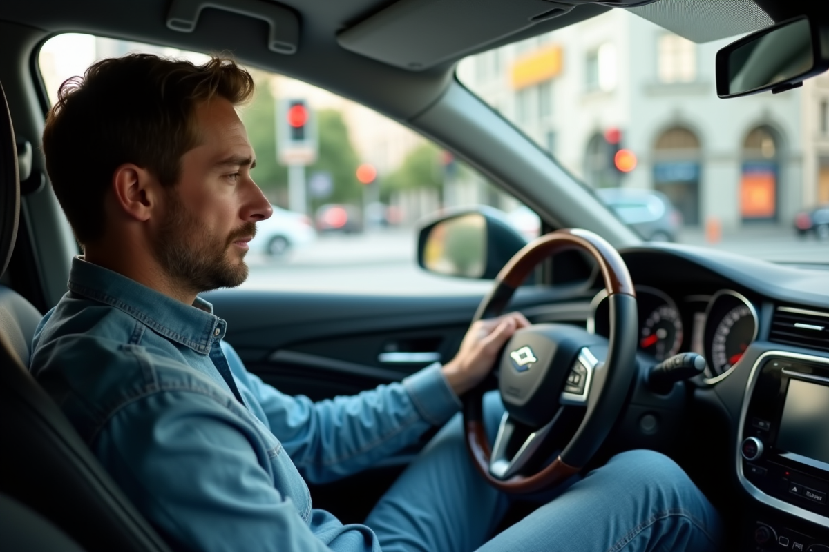 Homme au volant d'une voiture en ville regardant l intersection