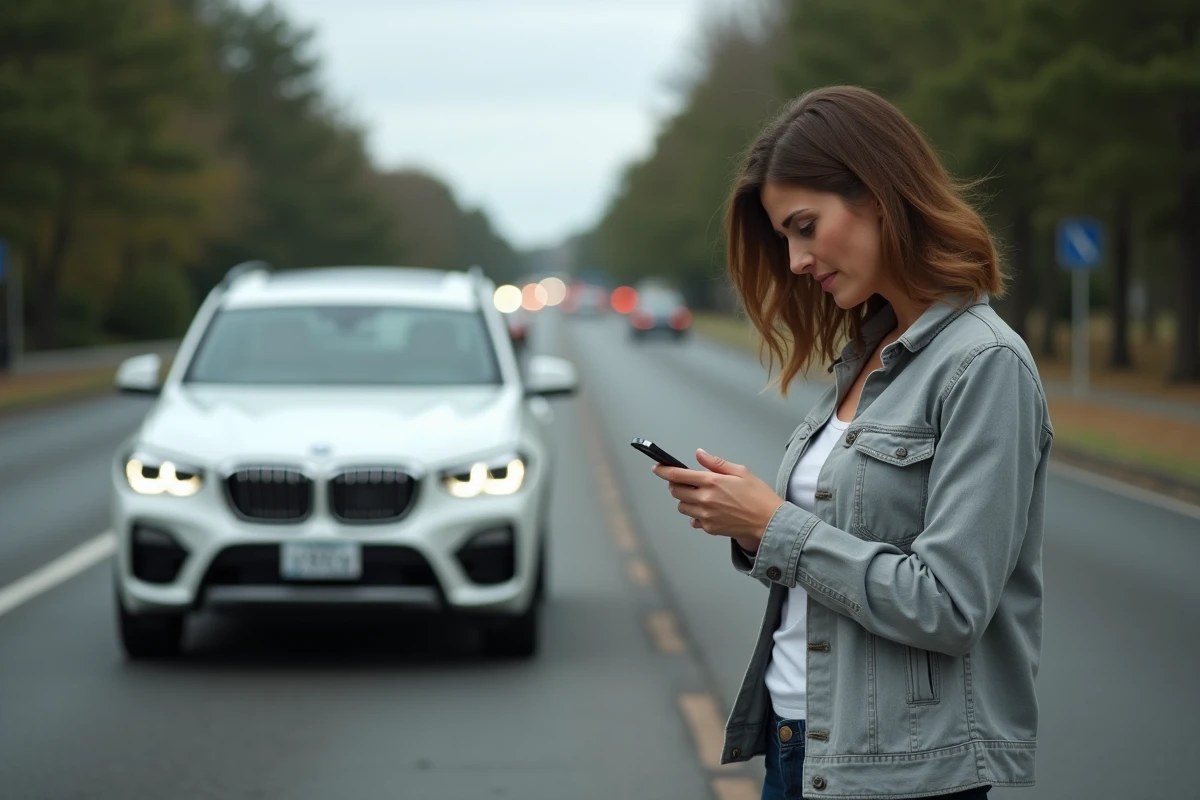 Conductrice inquiète au bord de la route à côté de son BMW SUV suite à l'allumage du voyant moteur