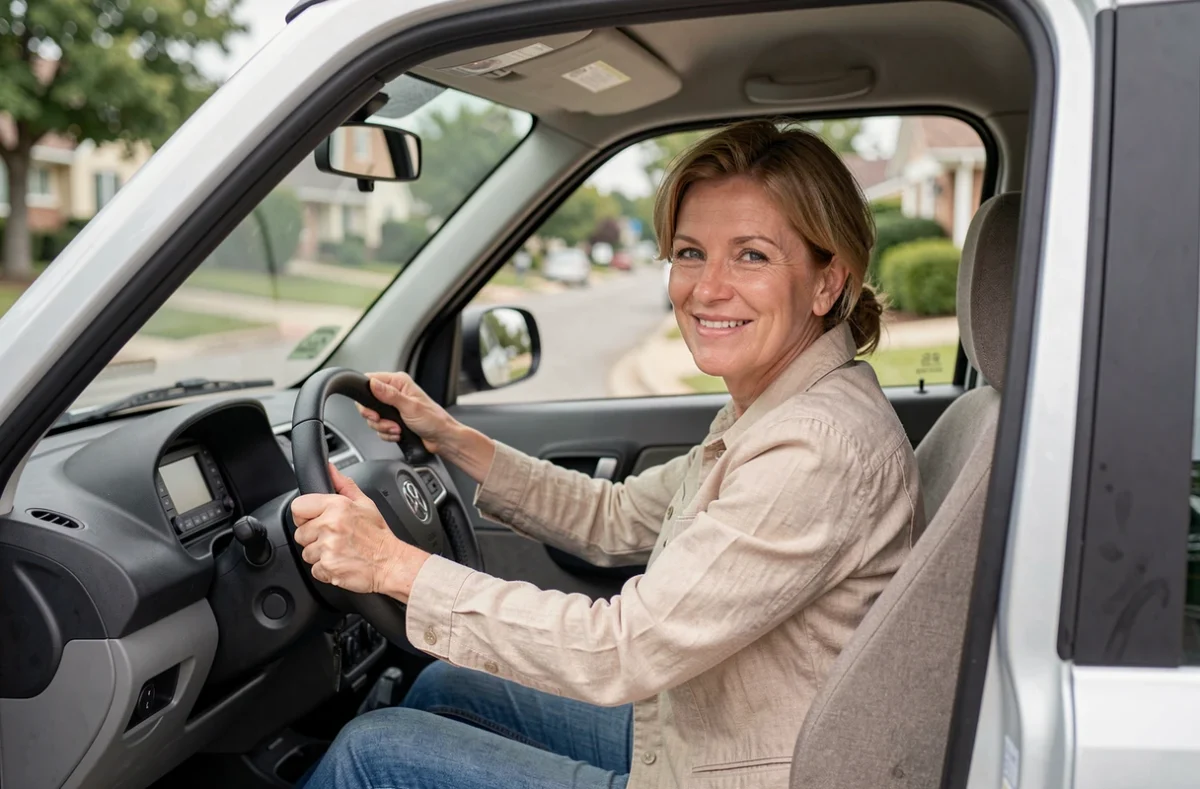 Femme d'une quarantaine d'années au volant d'une voiture sans permis souriante dans un cadre de rue