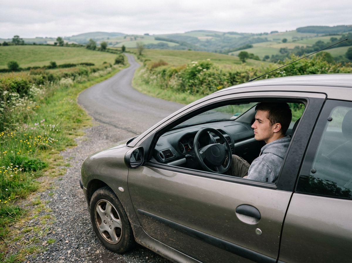 Jeune conducteur débutant au volant sur une route de campagne sinueuse en France