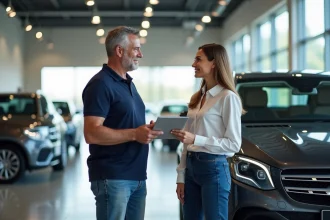 Homme et conseillère en concession automobile