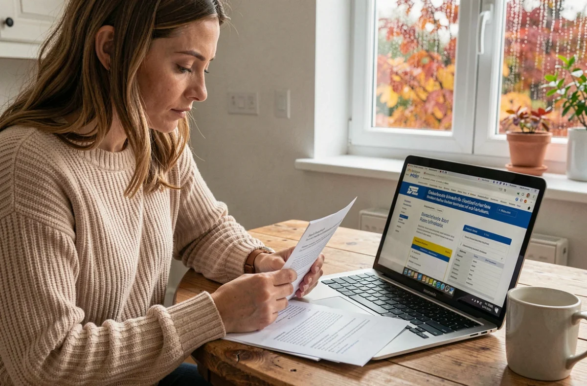 Femme consultant son contrat d'assurance moto sur ordinateur et documents papier pour réduire sa cotisation pendant l'hivernage