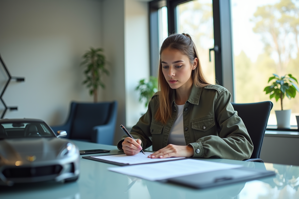 Jeune femme examinant un contrat d
