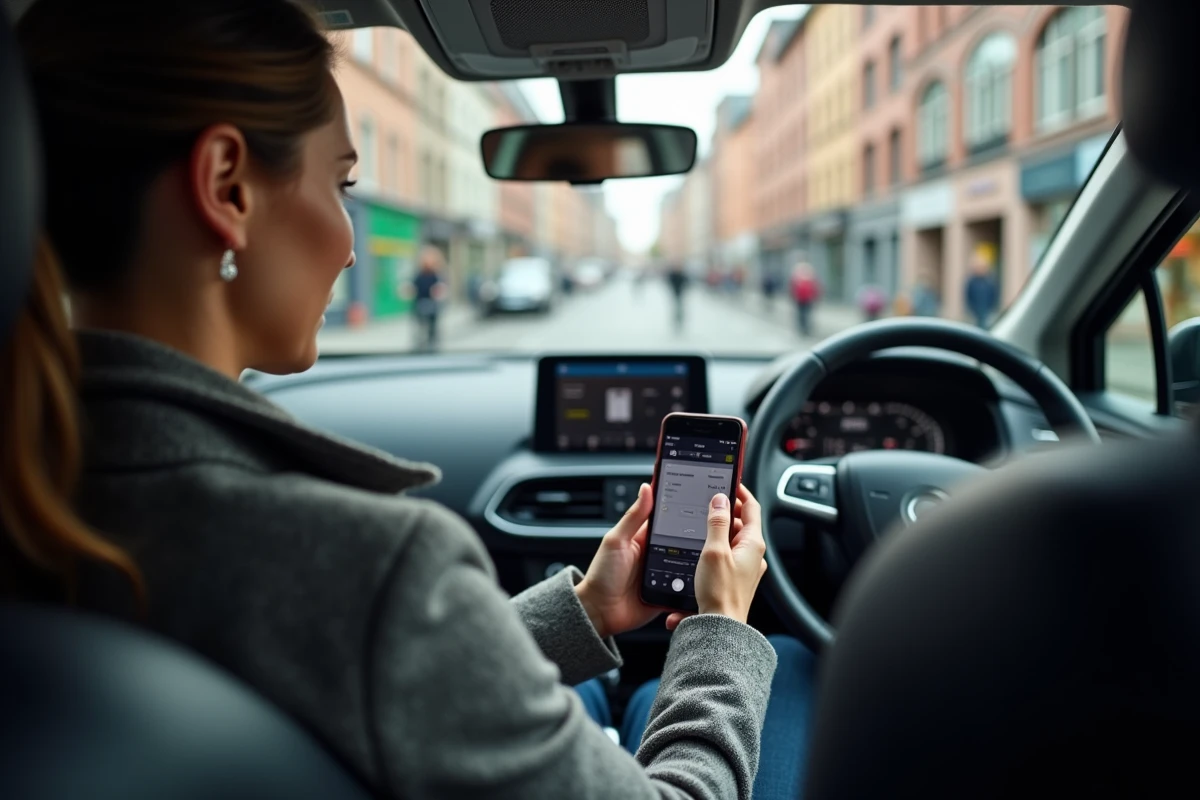 Femme consultant le site de contrôle de conformité LEZ Bruxelles depuis l'habitacle de sa voiture