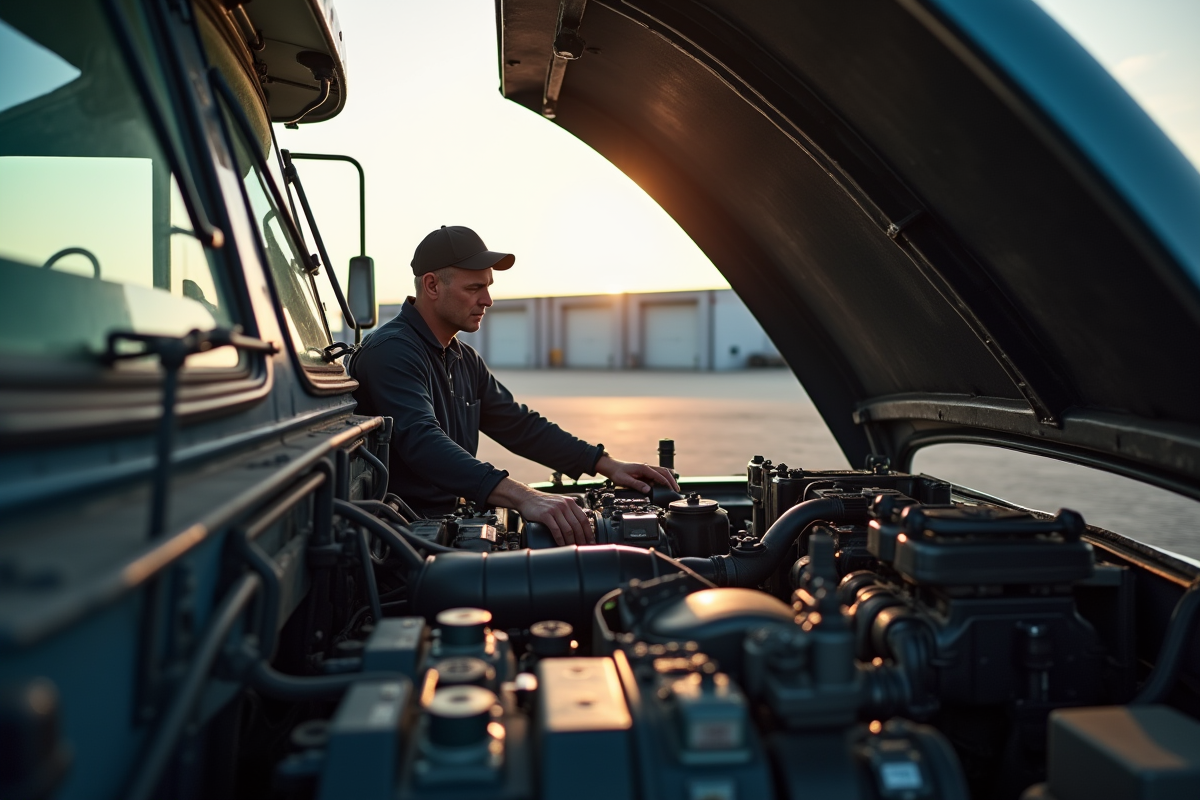 Conducteur inspectant le moteur d