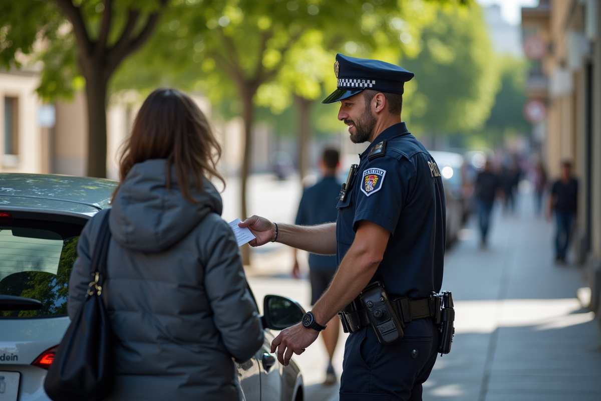 Agent de police donnant une contravention pour stationnement sur le trottoir