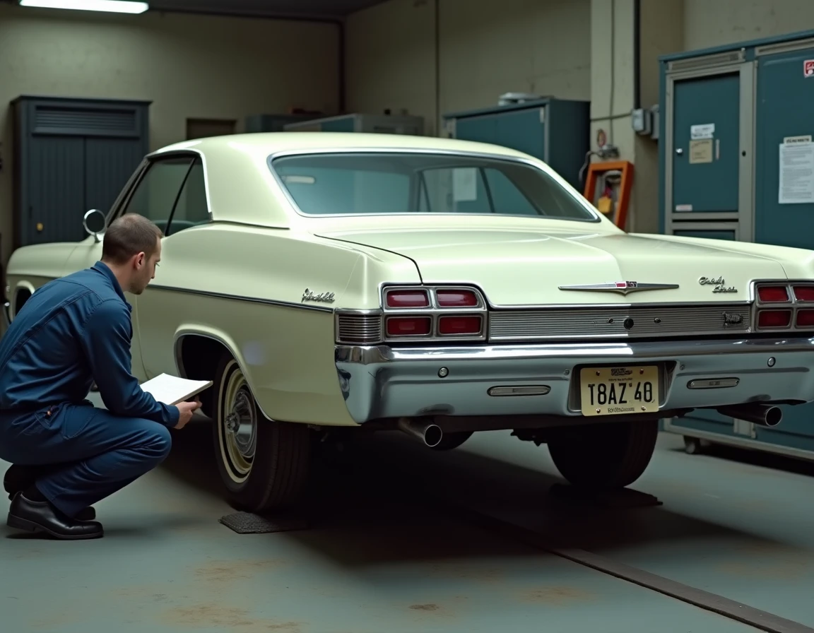 Contrôle technique d'une Chevrolet Impala 1967 dans un garage français pour homologation