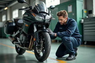 Mécanicien professionnel effectuant le contrôle technique d'une moto dans un garage d'inspection agréé