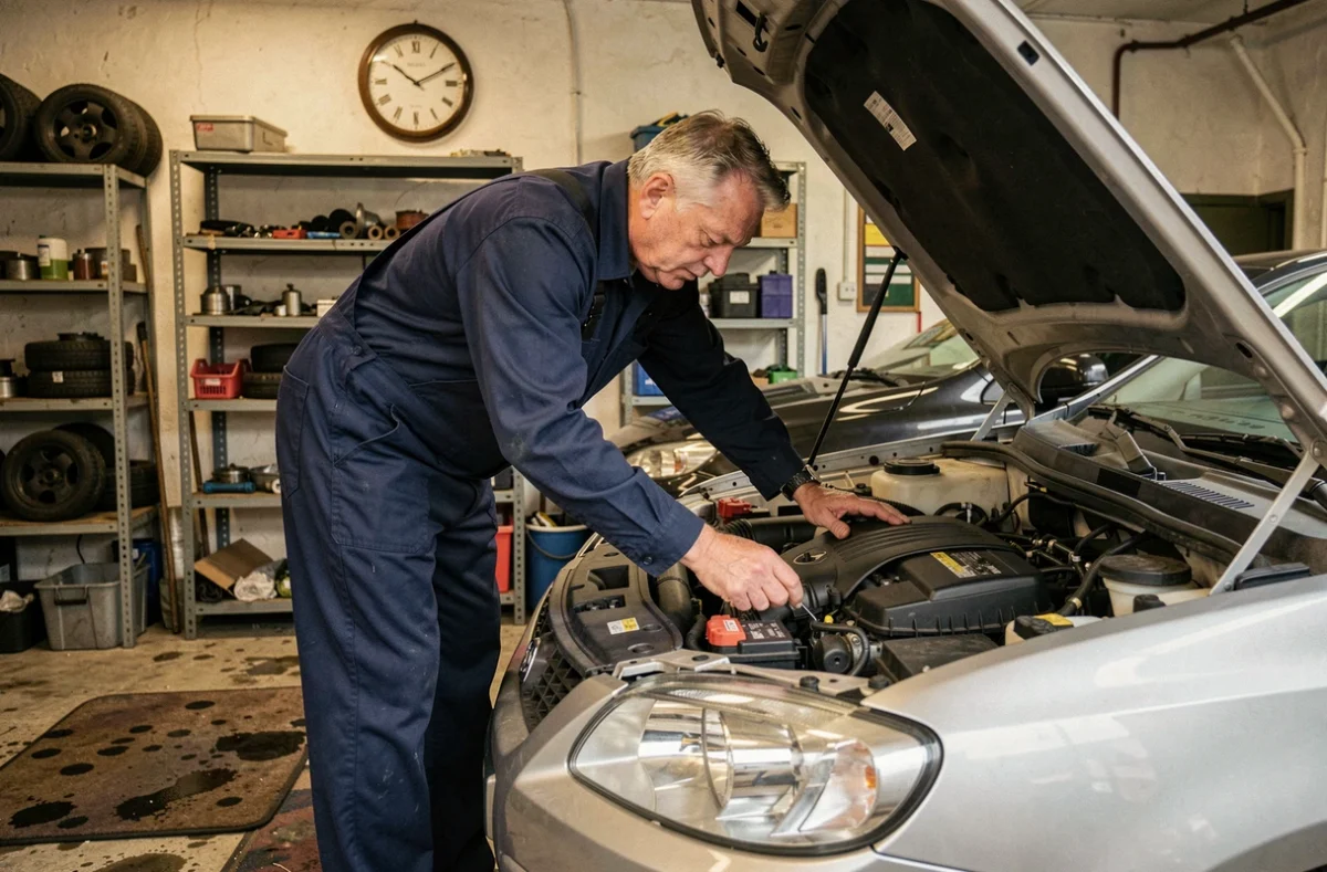 Mécanicien inspectant le moteur d'un véhicule au garage Cottrez Mécanique à Busnes