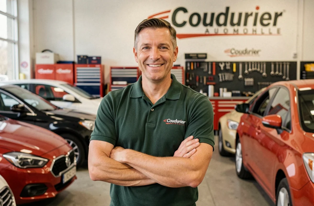 Propriétaire de Coudurier Automobile posant dans son garage avec les véhicules clients en arrière-plan