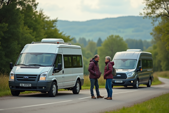 Couple discutant près d un van de camping en campagne