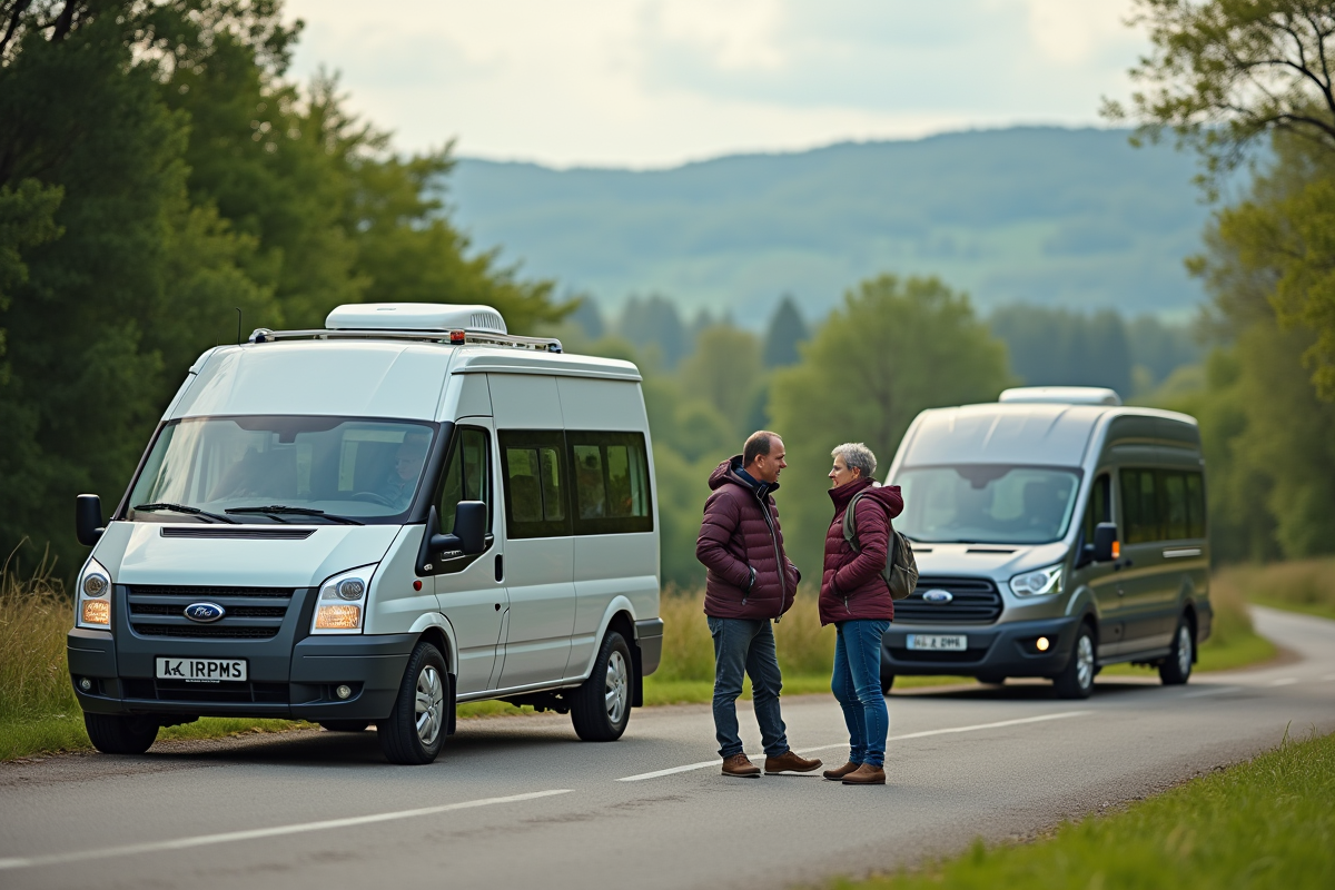Couple discutant près d un van de camping en campagne