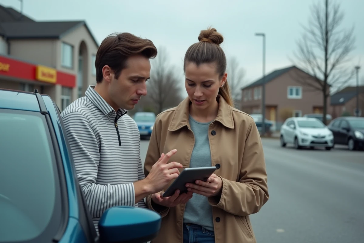Couple de débutants consultant un comparatif automobile sur tablette à côté de leur voiture
