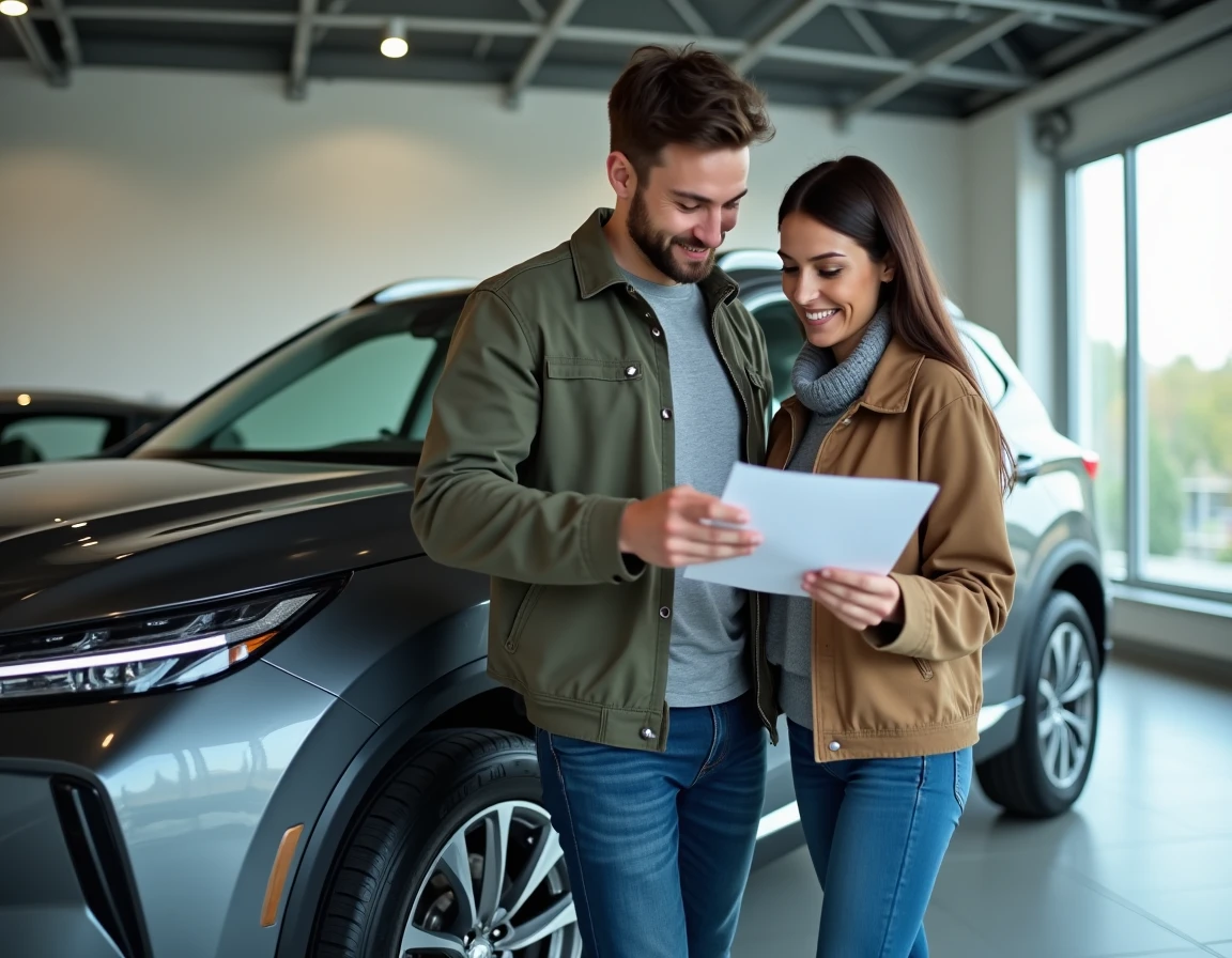 Couple examinant une voiture d'occasion lors de la livraison dans un centre Aramisauto
