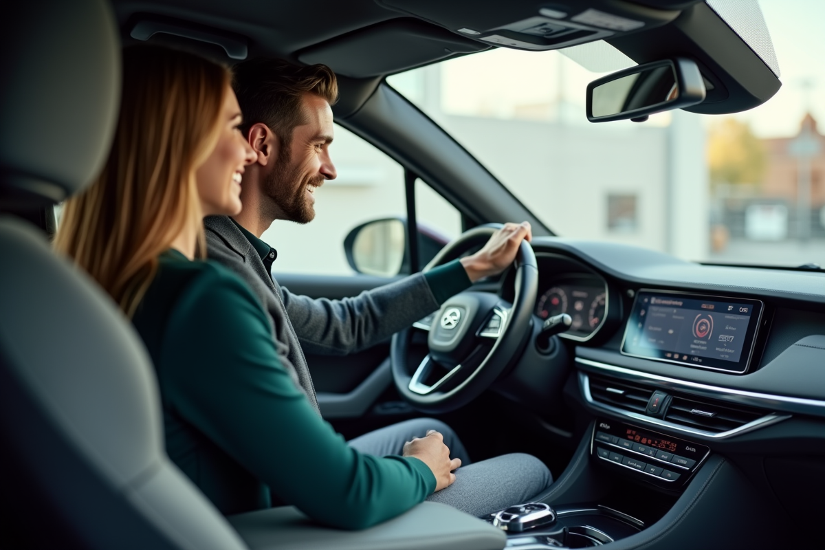 Jeune couple observant tableau de bord SUV 2025