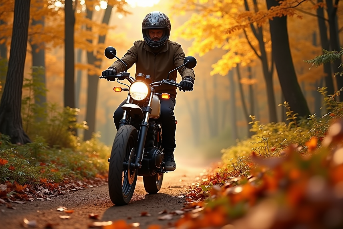 Coureur sur moto scrambler dans la forêt automnale