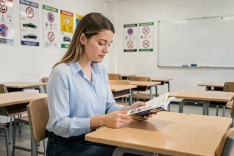 Jeune femme étudiant le code de la route dans une salle de cours d'auto-école à Keryado