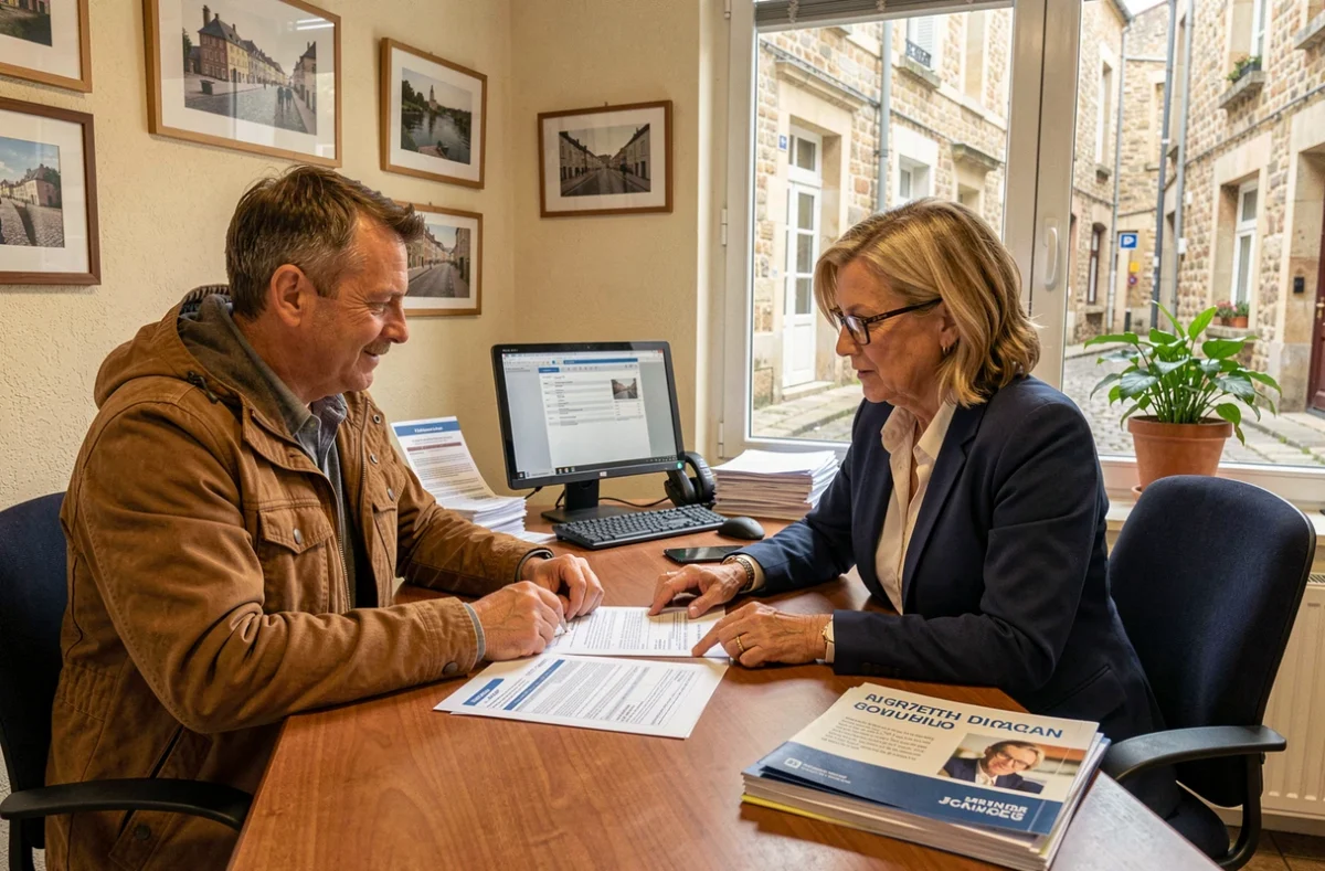 Couple en rendez-vous avec un courtier d'assurance auto dans une agence de Saint-Malo