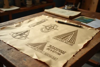 Croquis et brouillons d'anciens logos Alpine sur une table à dessin, illustrant les tentatives de rebranding avortées de la marque française
