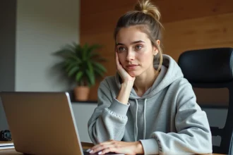 Jeune femme débutante consultant un site d'actualité automobile sur son ordinateur portable à son bureau
