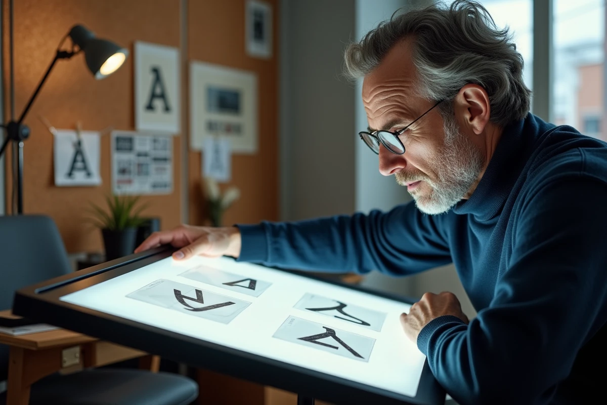 Designer étudiant des variantes du logo Alpine sur une table lumineuse, évoquant les essais secrets de rebranding de la marque