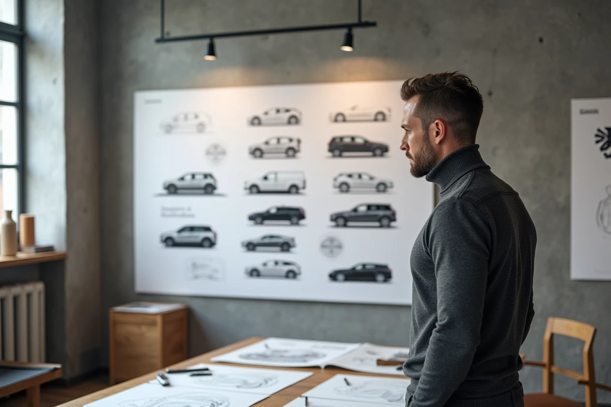 Designer automobile étudiant l'évolution du logo Peugeot sur un mur de maquettes dans un studio de design, processus créatif d'identité visuelle premium