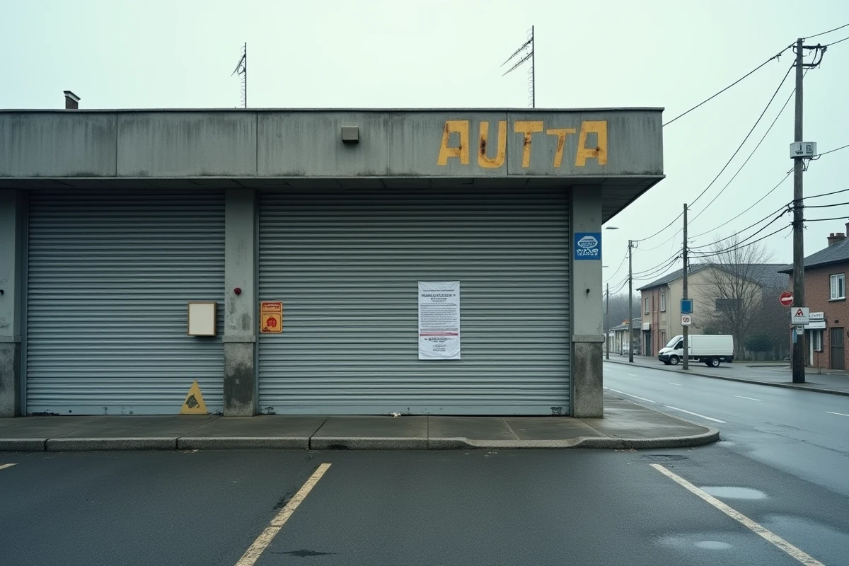 Devanture fermée et parking vide d'un centre automobile en banlieue parisienne symbolisant la cessation d'activité de Dinatel Auto à Houilles