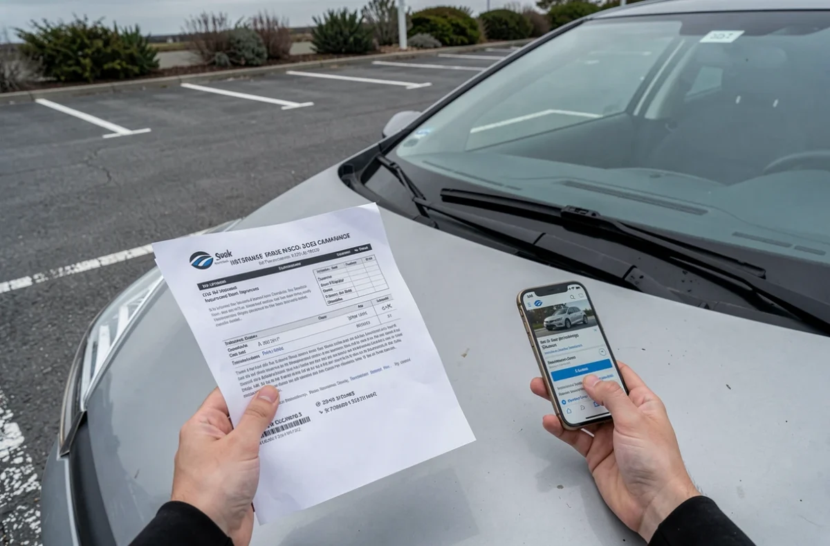 Mains tenant un devis d'assurance auto pour une Clio 3 avec un smartphone affichant un comparateur d'assurance jeune conducteur