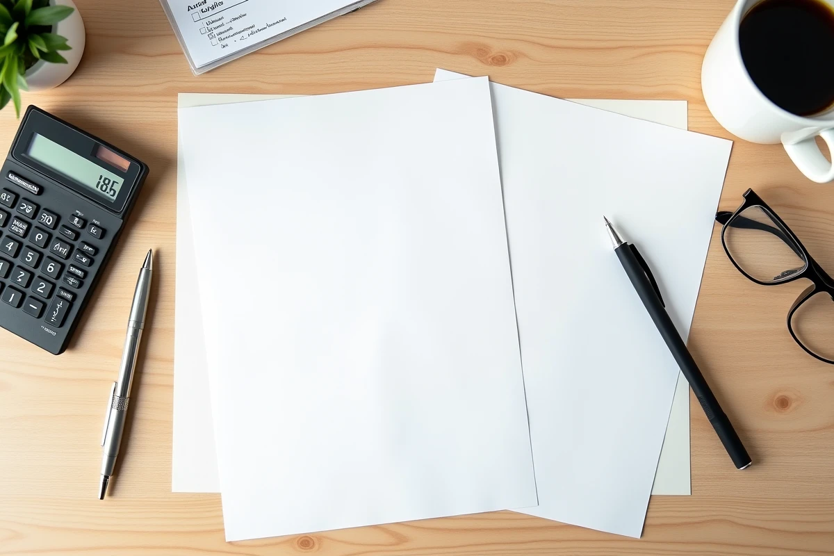 Vue aérienne de documents de carte grise avec calculatrice et stylo sur un bureau en bois