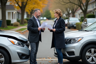 Homme et femme échangeant des documents d'assurance voiture