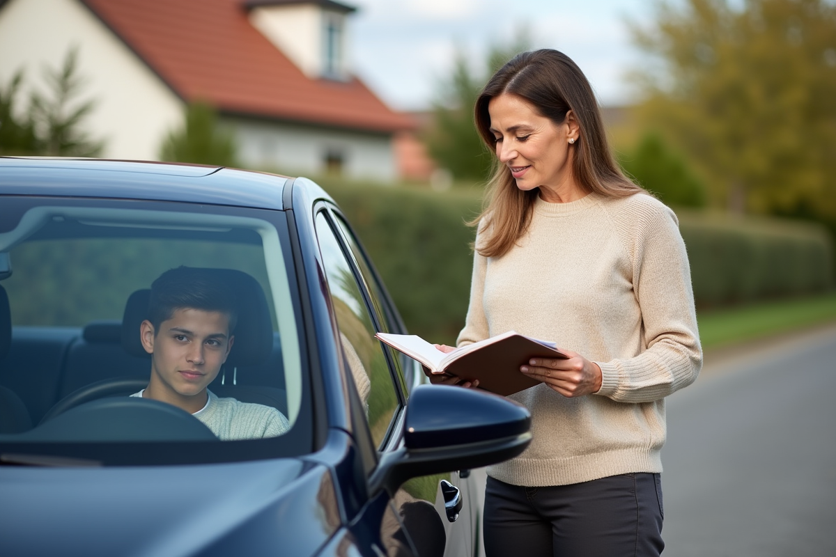 Femme expliquant les pédales à un adolescent dans une voiture