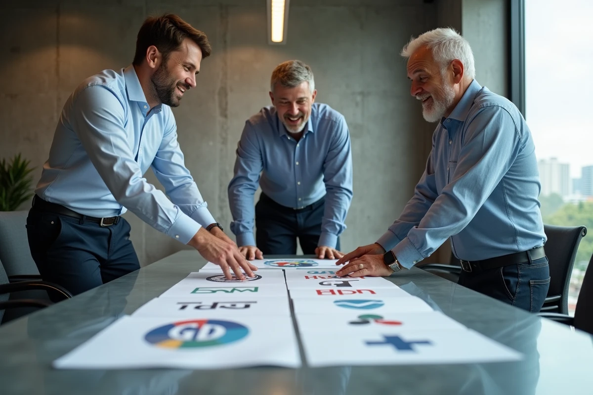 Groupe de professionnels discutant de logos dans une salle moderne