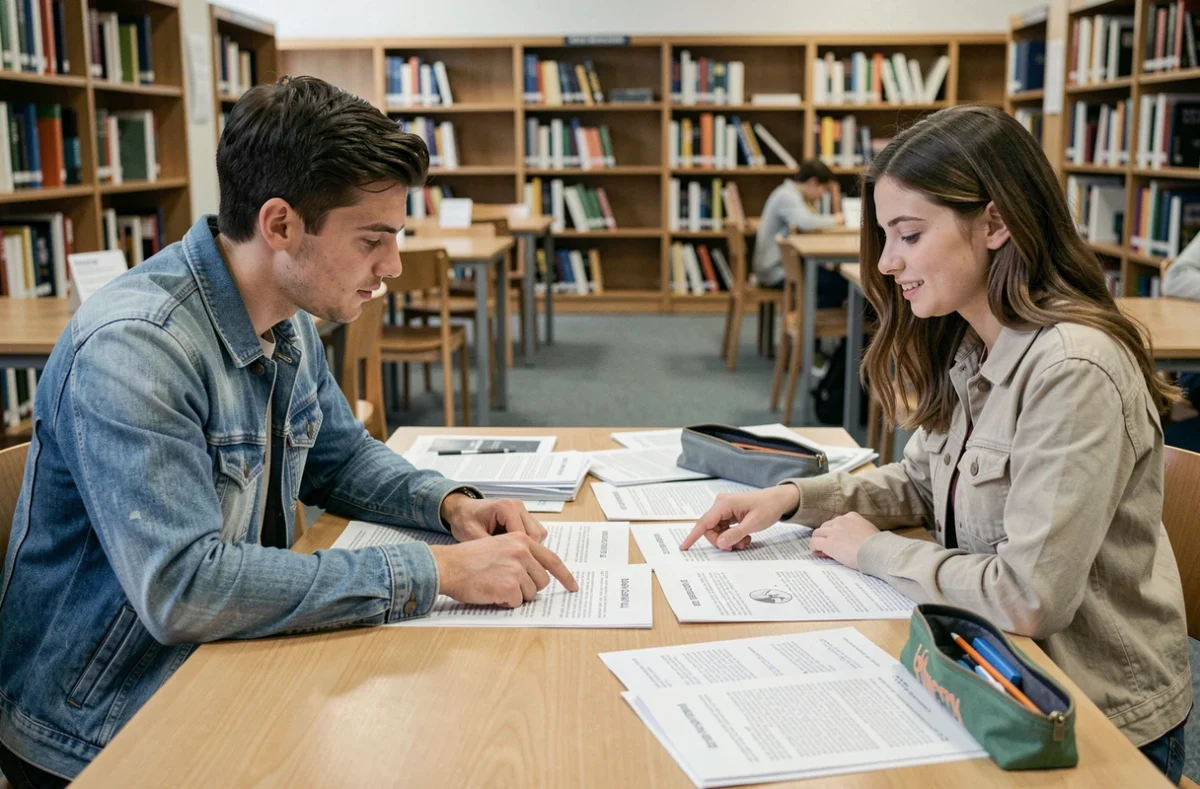 Deux étudiants révisant ensemble les questions du permis de conduire avec des feuilles imprimées en bibliothèque