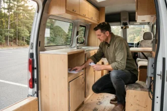 Homme inspectant l'aménagement intérieur en bois d'un van aménagé d'occasion, évaluant la qualité de la menuiserie et des équipements installés