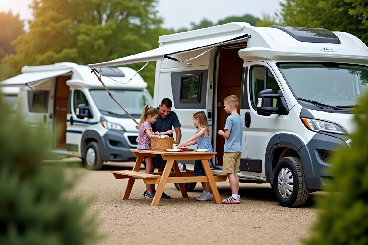Famille autour d un picnic près d un van de camping