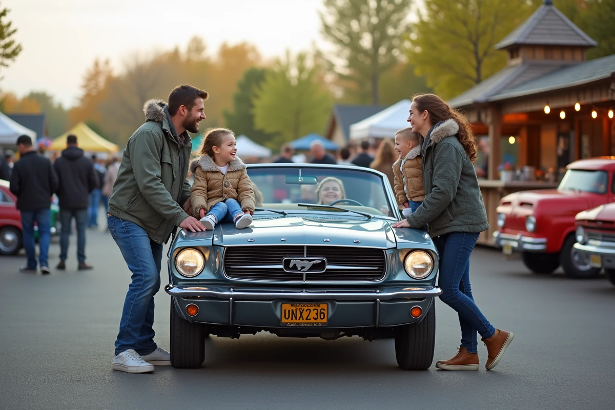 Famille souriante avec une voiture classique lors d un événement