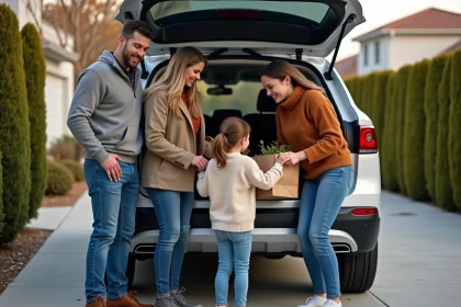 Famille moderne autour d'un SUV en automne dans une rue résidentielle