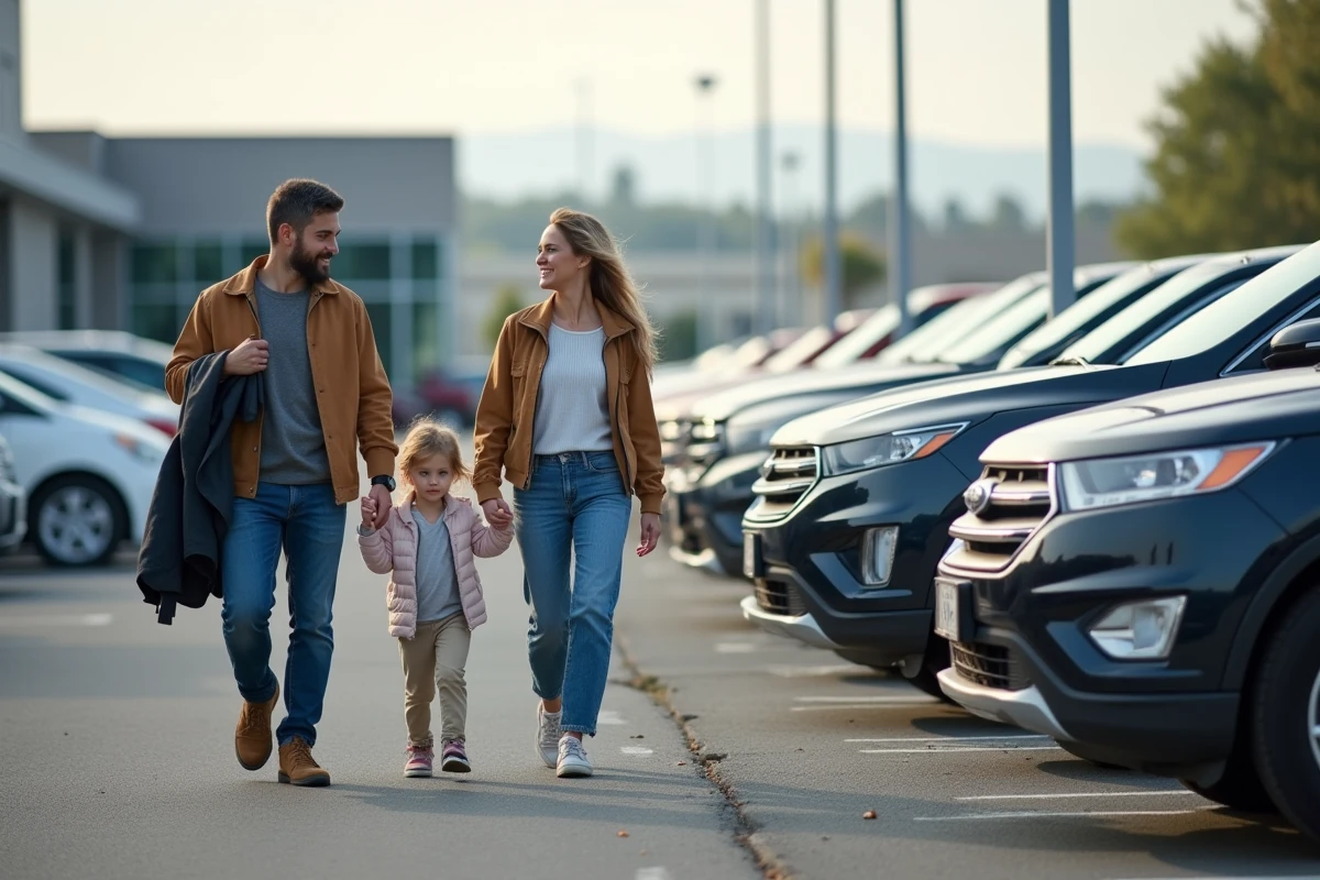 Famille dans la cour du concessionnaire auto