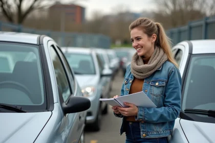 Femme souriante inspectant une Peugeot 206 d'occasion
