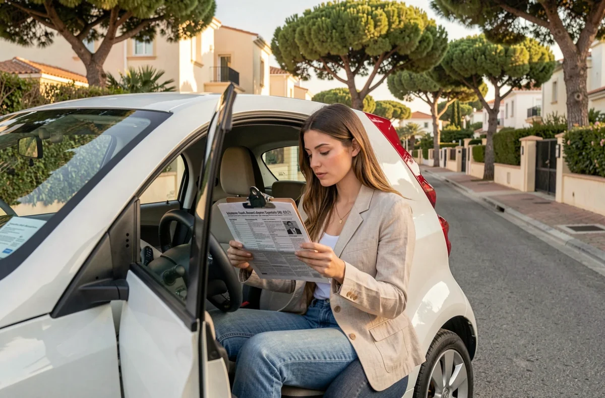 Femme consultant une annonce de voiture sans permis d'occasion dans une rue du Var
