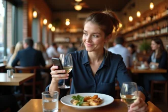 Femme consultant une application de calcul d'alcoolémie sur son téléphone dans un restaurant avant de prendre le volant