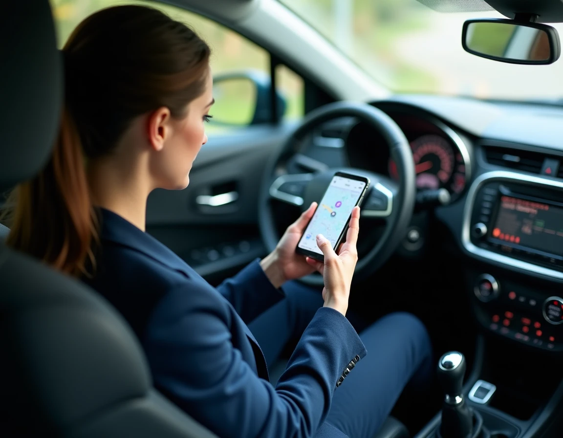 Femme consultant une application de suivi de véhicule sur son smartphone avec une balise Bluetooth connectée au port OBD de sa voiture