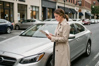 Femme consultant des documents d'assurance auto ACA à côté de sa voiture en ville