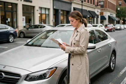 Femme consultant des documents d'assurance auto ACA à côté de sa voiture en ville