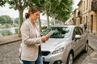 Femme consultant des documents d'assurance auto à côté de sa voiture à Agen