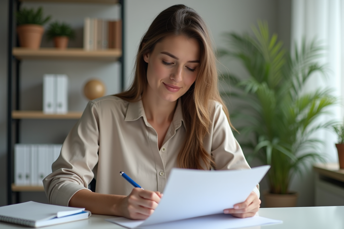 Femme au bureau remplissant des papiers avec espoir